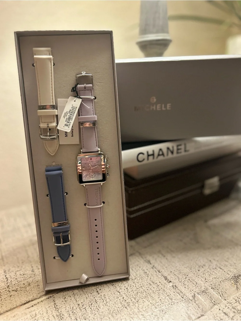 Michele Deco Sport Chronograph 36mm Watch with Lavender, Blue and Cream Straps